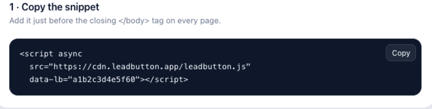 The install snippet in the back office